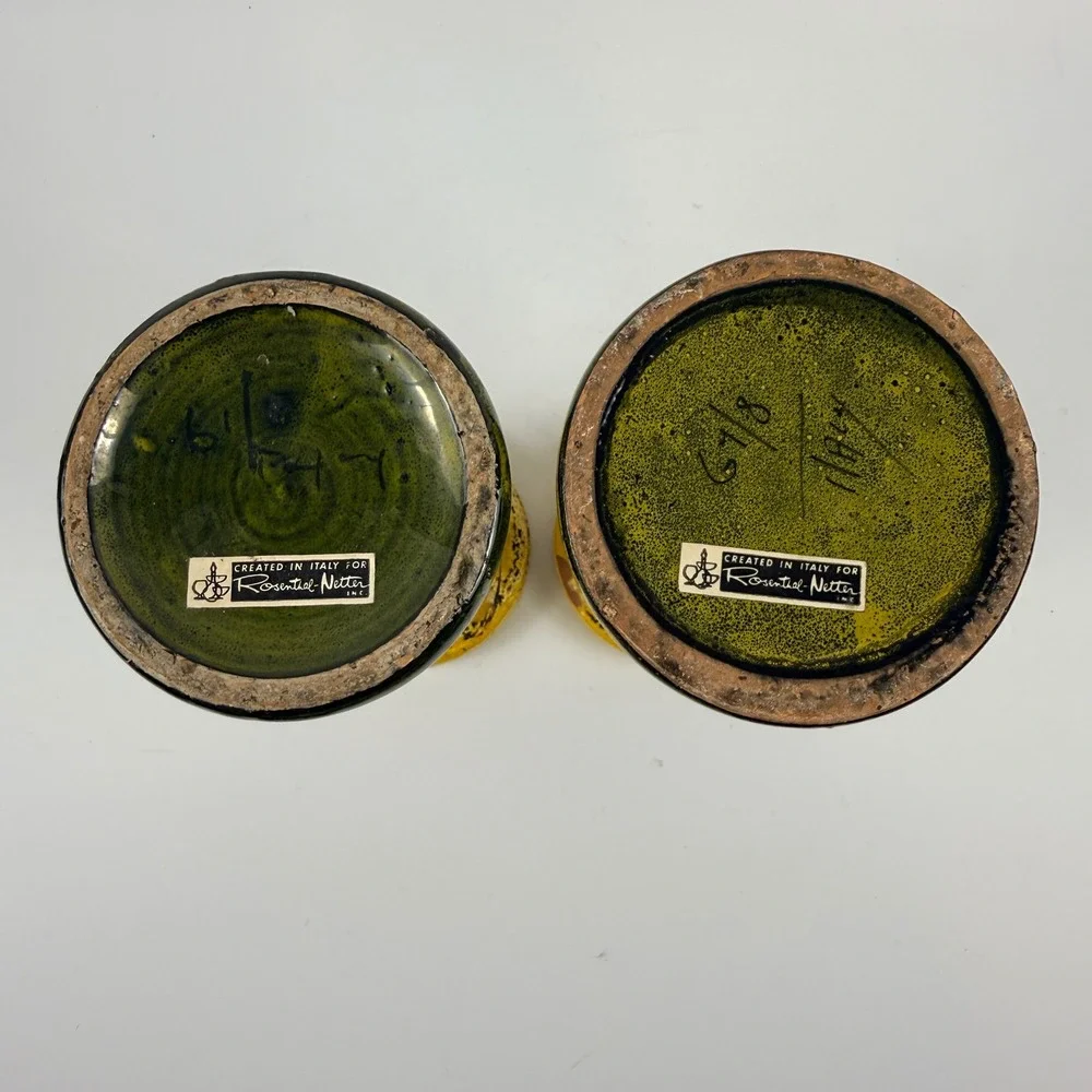 Bitossi Rosenthal Netter Italian Pottery Candle Holders Green Yellow Pair